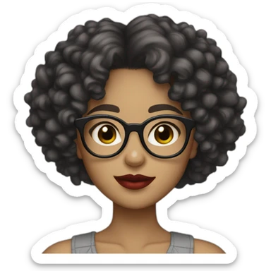 Girl with curly black hair, glasses, brown eyes and red lips, light skin tone sticker