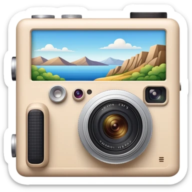 A beige camera and next to it a landscape photograph of the frame behind the camera sticker