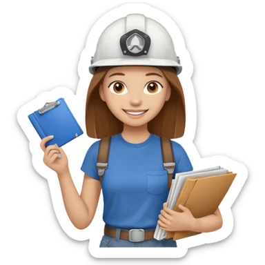 Waist-up girl on a white background wearing a brown Skims t-shirt. Hair is long, straight, chestnut-colored, reaching the waist. Brown eyes, long eyelashes, smiling with visible braces. White helmet with “BUT” written in brown. Holding rolled-up blueprints. sticker