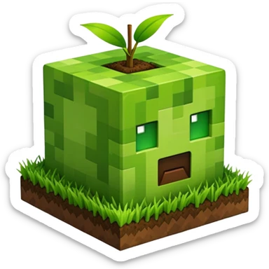 A 3D Apple-style emoji of a Minecraft grass block, cubic shape, with bright green grass on top and brown soil with pixel texture on the sides, simple and cute cartoon design. sticker