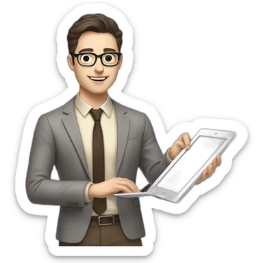 Pale skinned fit man with dark brown hair in gray jacket, beige office shirt, brown tie, brown pants and vintage glasses Writing on the tablet sticker