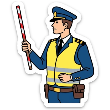 Russian traffic police officer with reflective vest, blue uniform, peaked cap, directing traffic with striped baton sticker