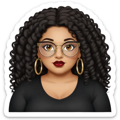 teen big plus size, latina, darker tan skin, gold hoops, long black curly hair, baddie,pretty, makeup, dark red lipgloss, black eyeliner, long hair, black shirt, black glasses sticker