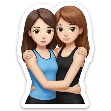 Two slim girls hugging each other and looking forward. The first girl has dark blonde hair and brown eyes, wearing a tight black tank top and black leggings. The second girl has chestnut brown hair and dark brown eyes, wearing the same style of outfit in light blue. sticker