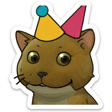ginger tabby kitten at a birthday party, smiling, with cake, balloons, and wrapped gifts sticker