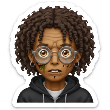 Chico moreno zombie, con gafas y sudadera negra, dos aretes en la oreja izquierda y dos en la derecha, ojeras en los ojos, pelo rizado sticker
