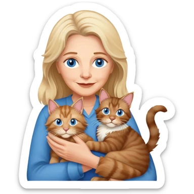 A blonde blue eyed older woman holds a brown Maine Coon cat in her arms sticker