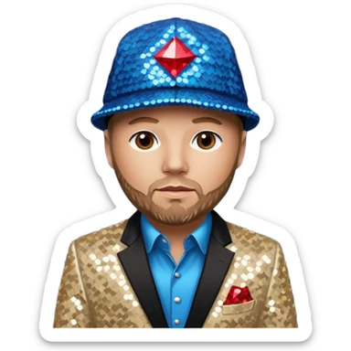 Fred Durst with sequin cream suit jacket with black shirt, red sequin hat, blue eyes, dark blonde hair sticker