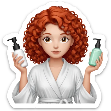 Cartoon emoji of a girl with voluminous curly red hair, fair skin, warm brown eyes. Wearing a chic milky silk robe with long sleeves, no makeup. Portrait mode, holding 3 moisterizers or different skin care products, looking super doubtful twisted and unsure. Smooth, simple, stylized." sticker