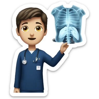 Brunette boy in navy scrubs looking at an X-ray  sticker
