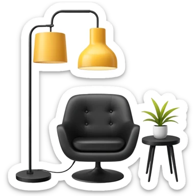 Create a minimalistic and stylish custom emoji that represents a premium interior design studio. The emoji should include a sleek modern chair, a hanging designer lamp, and architectural elements like a floor plan or a paint swatch.  sticker