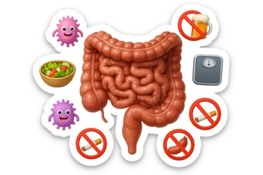 intestino umano anatomico realistico al centro, intorno al quale ruotano emoji stile iphone di: due batteri intestinali felici, una bowl di insalata, una bilancia pesapersone, manubri da palestra, e un boccale di birra con divieto 3d sopra, una sigaretta con divieto 3d sopra e un wurstel con divieto 3d sopra, fluttuano in aria, iperrealistico 4k sticker