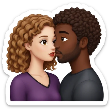 White curlye girl with long brown hair kisses black man with short haircut sticker