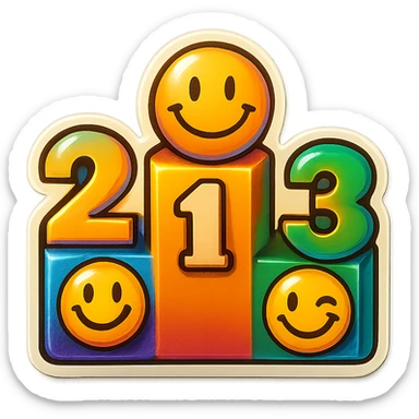 Fix the podium numbers so they are in order 2, 1, 3 from left to right. Keep the cheerful emoji style with vibrant colors and playful expressions. sticker