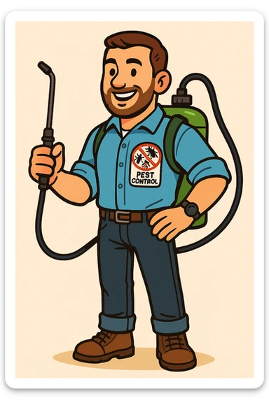 A friendly male pest control technician with short beard and short hair, wearing a light blue uniform shirt with rolled-up sleeves, dark jeans, brown boots, and a black wristwatch. He has a patch on his chest with a colorful anti-pest logo (insects crossed out) and the words 'PEST CONTROL'. He carries a green fumigation tank on his back with a black hose and holds the spray wand in one hand. He has a confident and approachable expression. The illustration should use bold outlines, warm colors, and clean, flat shading style. The background should be simple or light beige, in a vibrant toon style. sticker