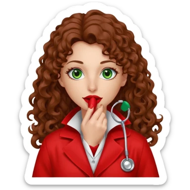 Lilith symbol sexy evil woman. She has green eyes.  had brown long curly hair.  evil surgeon kills with scalpel wears red sexy doctor coat with red mouth cover red gloves. Covers nose, neck  and mouth with Muslim red berka sticker