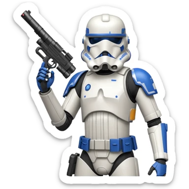 A starwars 501st clonetrooper with rally makes on the helmet holding his blaster in his left hand aiming the gun up with elbow bent so it’s not above the head sticker