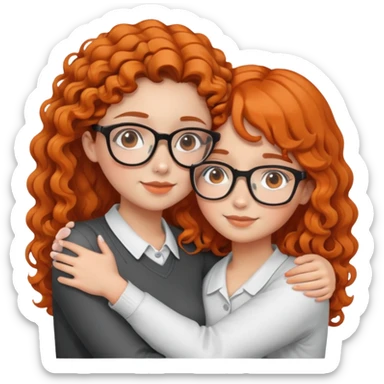 girl with orange and straight hair hugging a girl with curly brown hair with glasses sticker