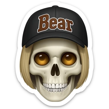 Create a skeleton head wearing a black baseball cap that says "Bear" in brown, and white lettering, with short blonde hair sticker