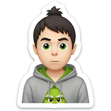 Create an avatar of white European with dark hair  male in hoodie with ``BST`` letters on it. Make background to look like from movie Grinch. make him look from right to left sticker