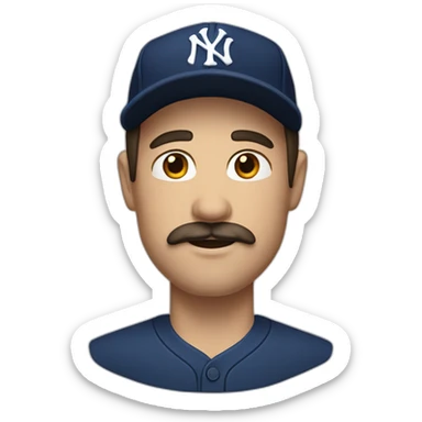 white man with long dark brown hair and ny baseball cap and mustache sticker