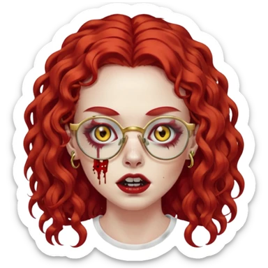 create a zombie with long red curly hair, thick lashes, black square glasses, gold nose piercings on each side of her nose, and a gold eyebrow piercing. sticker