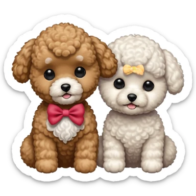Two small, fluffy dogs with a toy poodle / bichon-like appearance, both with round faces, black button eyes, and short snouts. Their fur is bright white, tightly curled, and freshly groomed, styled in a plush, teddy-bear cut. sticker