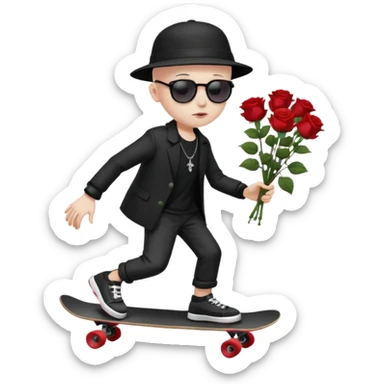 ["A sad boy with pale skin, bald, wearing a sunhat and sunglasses, dressed in goth fashion, is skateboarding while holding a flower bouquet."] sticker