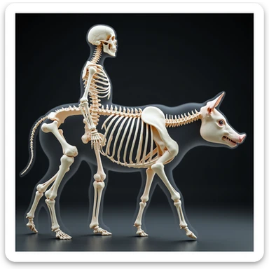 profile view of human and pig, transparent overlay of skeletons showing similarity of main bones, illustrative hyperrealistic 4K style sticker