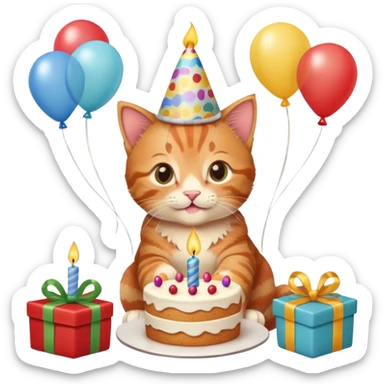 Ginger tabby kitten celebrates birthday, birthday hat, birthday cake, one candle, balloons, happy, gifts sticker