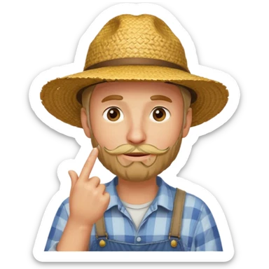 “A single emoji-style character combining 👨‍🌾😄 and 🤔: a smiling farmer man with a straw hat, friendly face, and light beard, holding one hand under his chin in a thinking gesture. His index finger rests under his face, eyes looking slightly upward as if thinking.  sticker