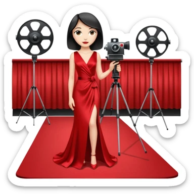 an actress standing on a red carpet with a formal dress, with only one movie camera on a tripod next to her. sticker