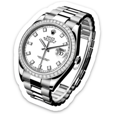 Crie um emoji com essas especificações: Um Rolex Datejust "Iced Out" prateado, totalmente coberto por diamantes na caixa, luneta e com diamantes na pulseira Jubilee. O mostrador possui fundo cravejado com diamantes (pavé), algarismos romanos pretos e lente de aumento na data. sticker