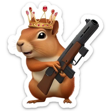 Squirrel with a tiara riding a capybara while shooting hearts out of a gun sticker