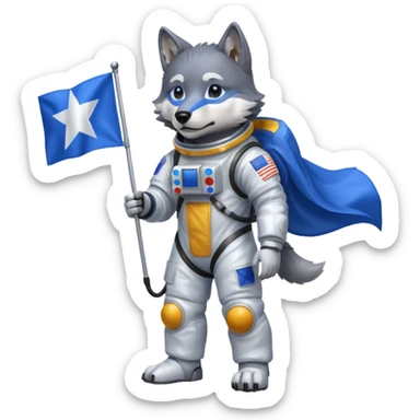 a wolf in space suit, holding blue rectangle flag, full body sticker