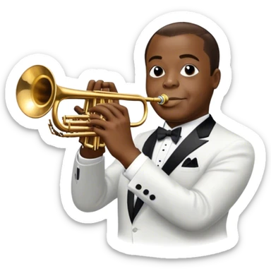 Icon for Jazz Music: Louis Armstrong with his trumpet in front of a jazz orchestra. Include musical instruments like a saxophone, trumpet, and piano, with floating musical notes around. The design should capture the smooth and soulful vibe of jazz. Transparent background. sticker