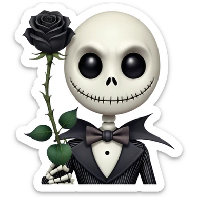 Cinematic 3D ultra realistic 32K HD image of Jack skellington holding a black rose, stunning detail as though captured in a timeless photograph, rich textures, visually rich, so lifelike that it feels like it could leap off the page at any moment sticker