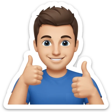 Brian Chesky as an apple-style emoji, smiling, giving a thumbs up, wearing blue t-shirt sticker