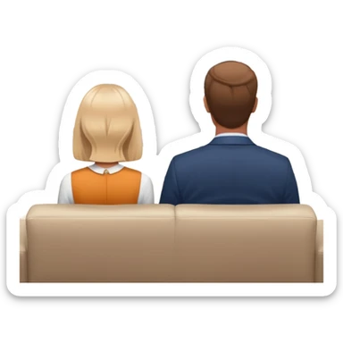 A man and a women photographed from behind, sitting on a sofa and watching the news on TV on a modern flat screen. The setting is a living room. sticker