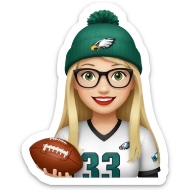 full length women wearing eagles uniform, long straight blonde hair, straight bangs, green eyes, black rectangle glasses, holding football, number 33, smiling, lipstick, eagles beanie sticker