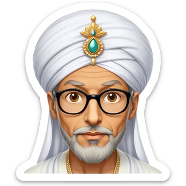 Jeff Goldblum no glasses as a regal portrait dressed as suleiman-the-magnificent,-depicted-as-a-regal-ottoman-sultan-adorned-with-a-large,-white,-round,-tall-turban-and-a-majestic-grey-beard,-his-commanding-gaze-bathed-in-warm,-historic-lighting-that-exudes-timel sticker