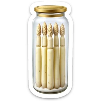 tall clear glass jar filled with upright pale white or green asparagus spears submerged in brine, sealed metallic lid gold or green, slim smooth spears neatly arranged tips upward, no label plate or extras, soft lighting, subtle shadows, transparent background, emoji scale sticker