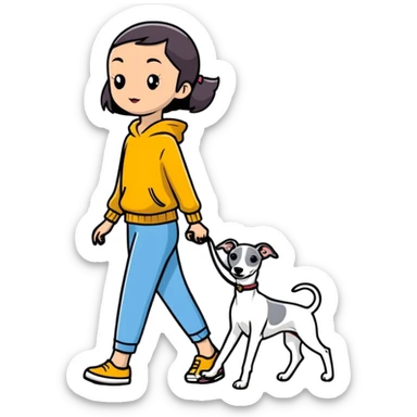 Pretty Asian girl walking a pure solid grey Italian greyhound with absolutely no white markings anywhere on the dog sticker