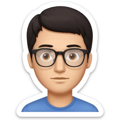 a dark-haired guy with hair to his earlobes, square glasses, brown eyes sticker