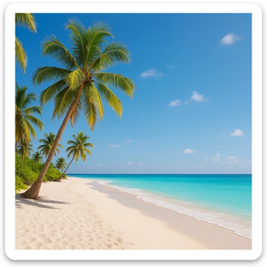 serene paradise scene with a peaceful beach, palm trees, and clear blue skies sticker