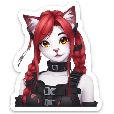 Gorgeous gothic dark techwear anime style anthro cat furry sona with blushing face aesthetic and pretty edgy black red punk messy ponytail hair with collar and harness trending style sticker
