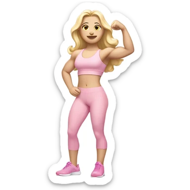Woman, white skin, pale skin, long hair, blonde hair, wavy hair, baby pink sports bra, baby pink leggings, flexing one arm up sticker