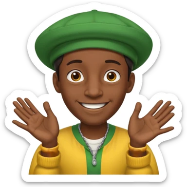 Lanky black guy with hunchback with hands out and Jamaican hat sticker