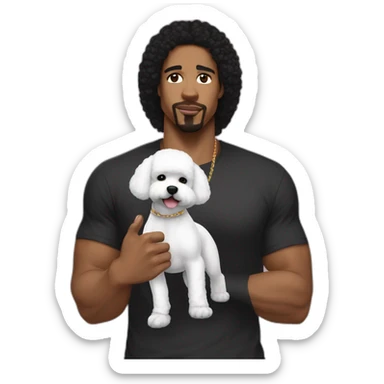 white man black hair,  rapper flexing with a bichon sticker