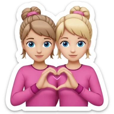 Two best friends making a heart shape with their hands together. One of them has blond hair which is shorter and the other has brown hair tied up. They are both wearing pink outfits. They both have blue eyes. One of them has their hair down  sticker